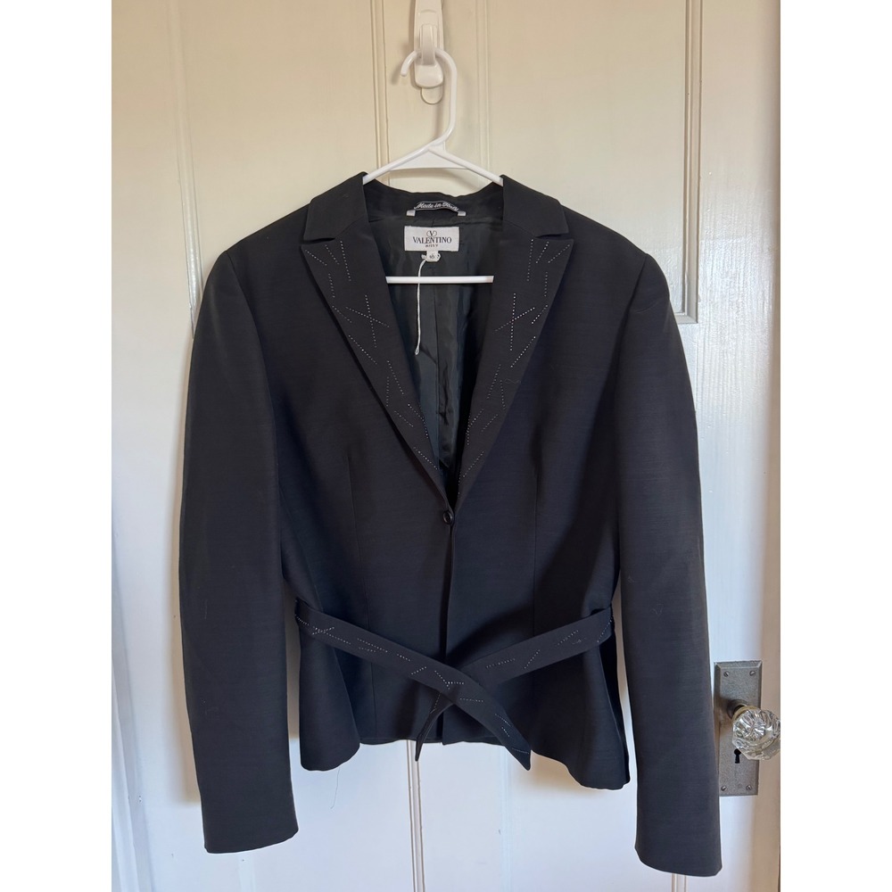 Valentino Miss V vintage black wool silk embellished belted blazer size 10